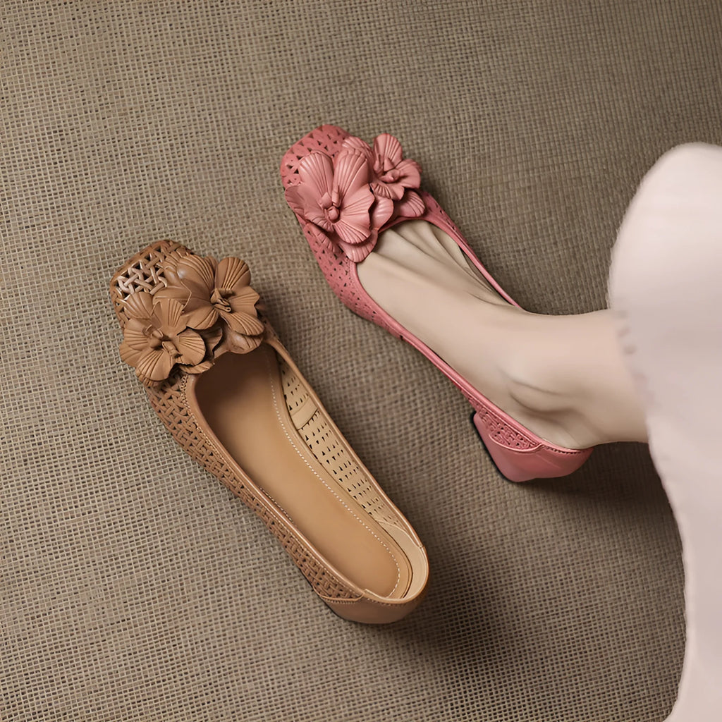 Women's light brown leather hollow weave pumps with an oversleeve design and a mid-height heel.