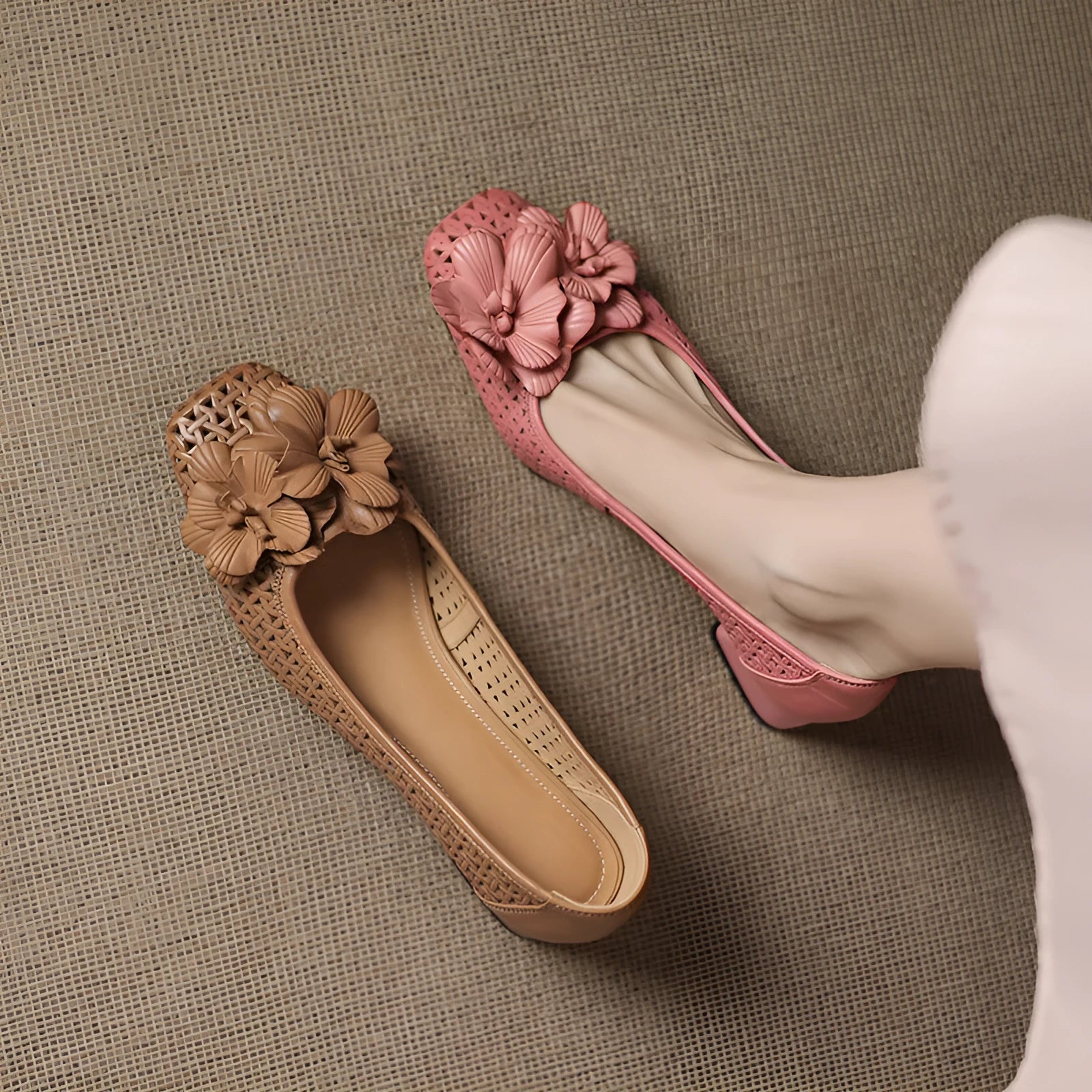 Women's light brown leather hollow weave pumps with an oversleeve design and a mid-height heel.