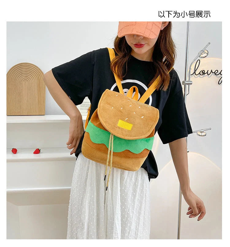 Hamburger-shaped plush backpack for girls with adjustable drawstring