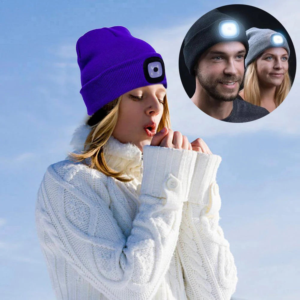 LED knit hat in various colors with integrated light for night safety