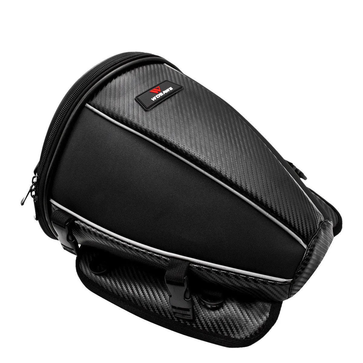 Black motorcycle seat bag with reflective strip, showing convertible crossbody strap and internal pocket organisation