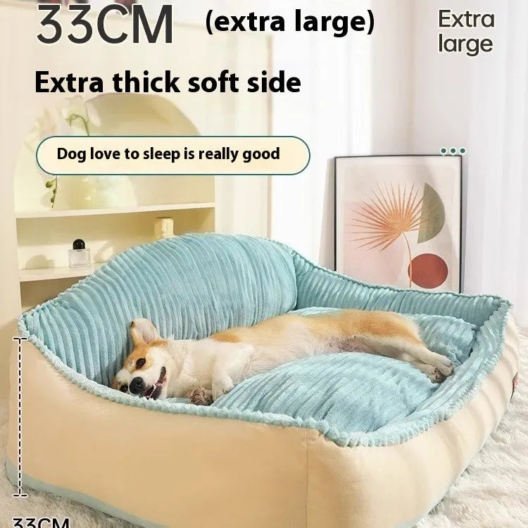 Morandi colour removable washable pet bed for dogs and cats on a sofa, shown in Medium and Large sizes.