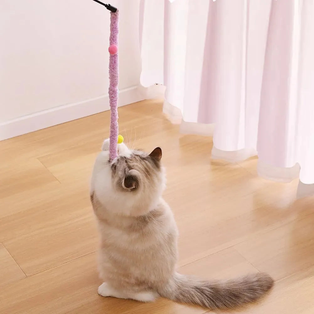 Cat teaser wand with long plush strip and colourful ball with bells for interactive indoor play