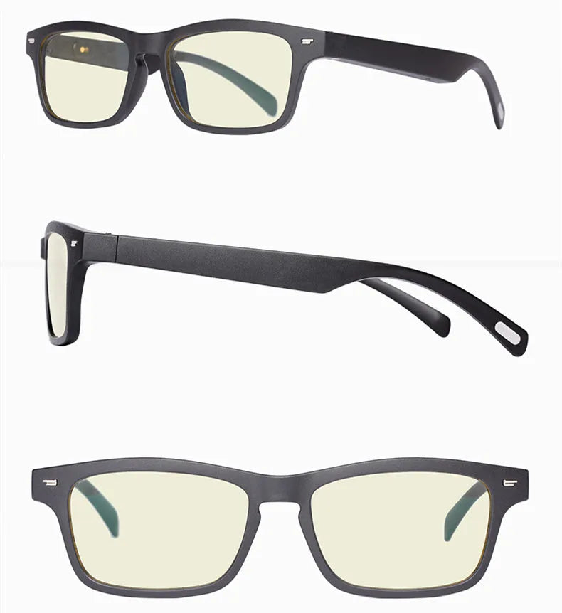 Black smart glasses with semi-open ear design showcasing integrated speakers for Bluetooth audio and calls.