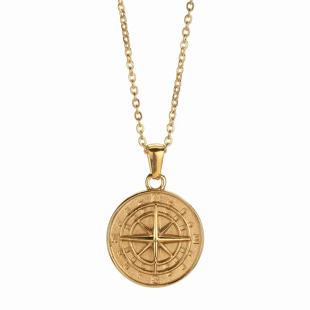 Stainless steel compass circular necklace with electroplated finish in gold and steel options