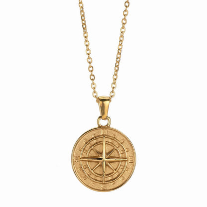 Stainless steel compass circular necklace with electroplated finish in gold and steel options
