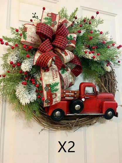 Wooden red truck Christmas garland with pumpkin accents for festive holiday decor