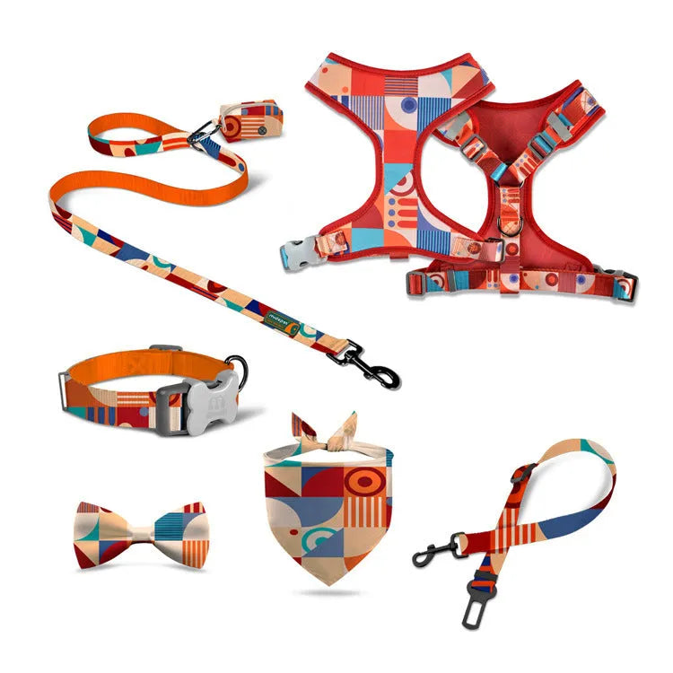 Pink sunflower four-piece pet rope set with collar, chest back, traction rope, and bin bag on display