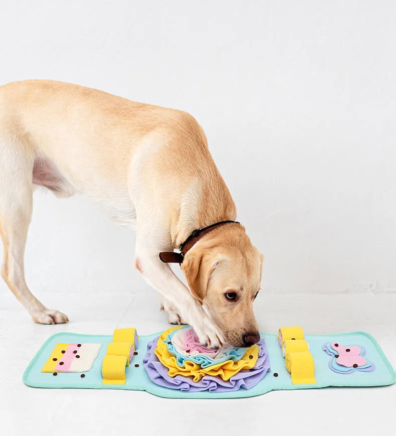 Blue and yellow watch-style pet sniff mat with fleece strips for slow feeding and nosework training