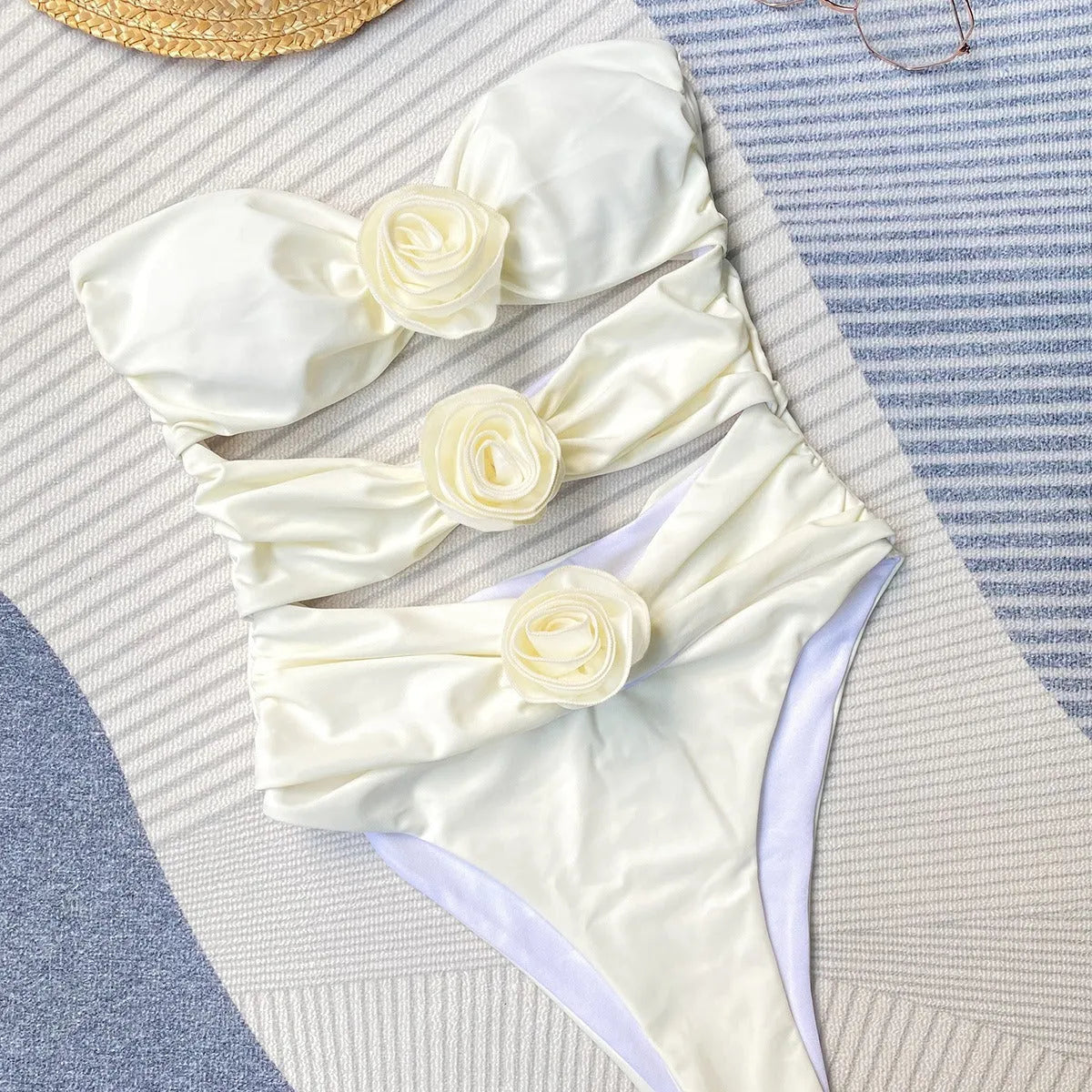 3D flower bikini three-piece set for women, nylon and spandex, solid colour, beige, sizes S M L