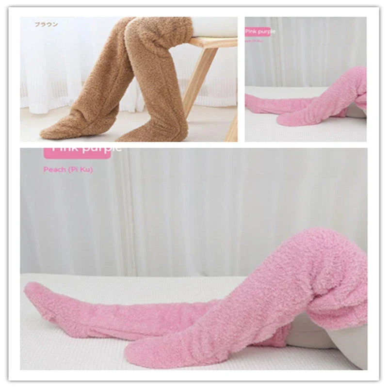 Cozy over-the-knee fuzzy socks in various colors, designed to keep your legs and knees warm during the winter season.