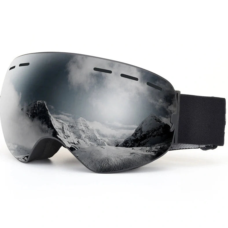 Double-layer TPU ski goggles with coated spherical mirror showing red film option and adjustable strap