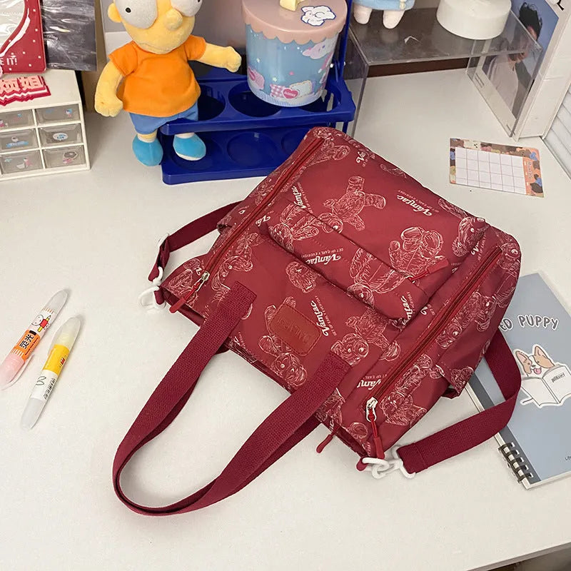 Bear print large capacity multi-pocket nylon tote bag in milky white