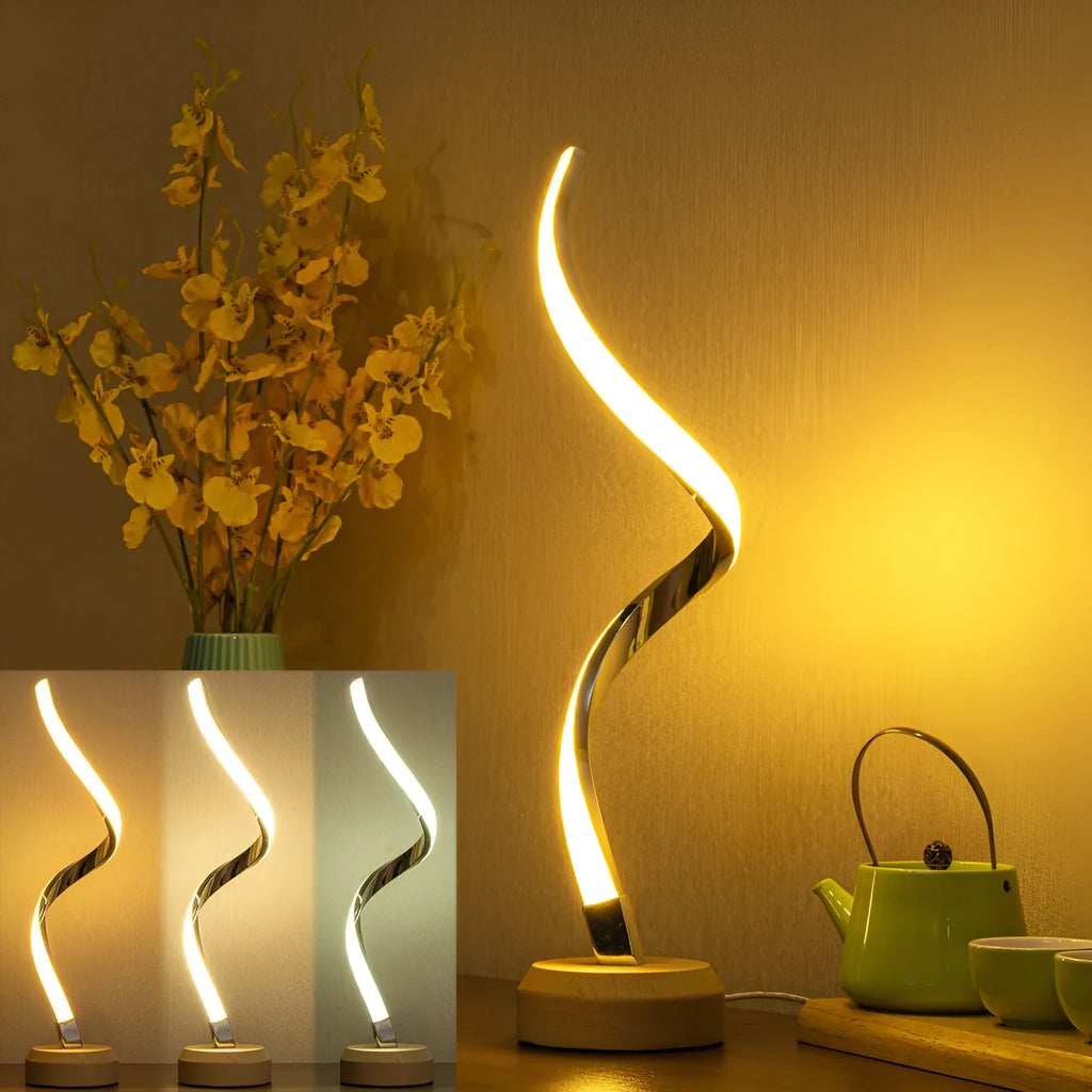 Modern wood LED spiral table lamp with touch dimmer and USB power on a bedside table