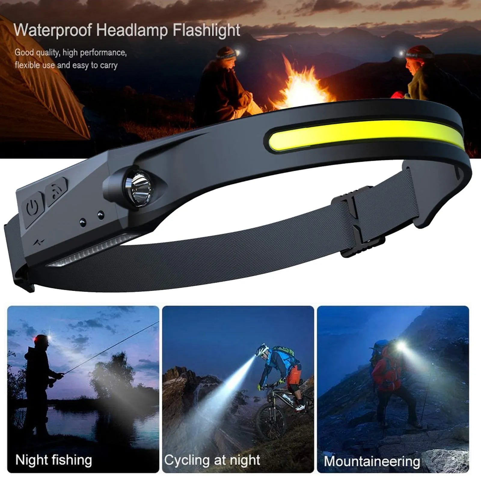 Black silicone USB-rechargeable headlamp with a wide COB LED lens and a side wave sensor.