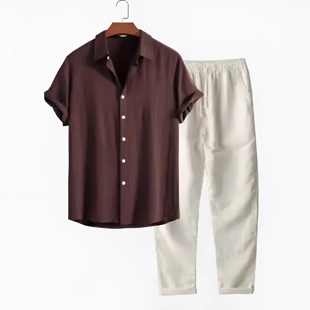 Men's loose fit casual short sleeve shirt and trousers set in linen-style fabric.