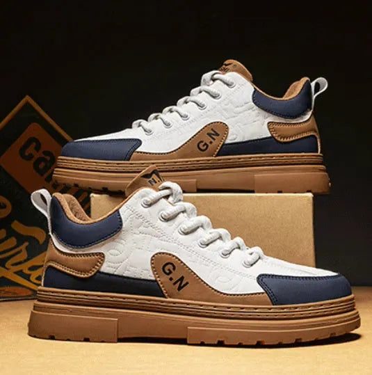 Black and white platform sneakers with thick rubber soles and microfiber leather insoles