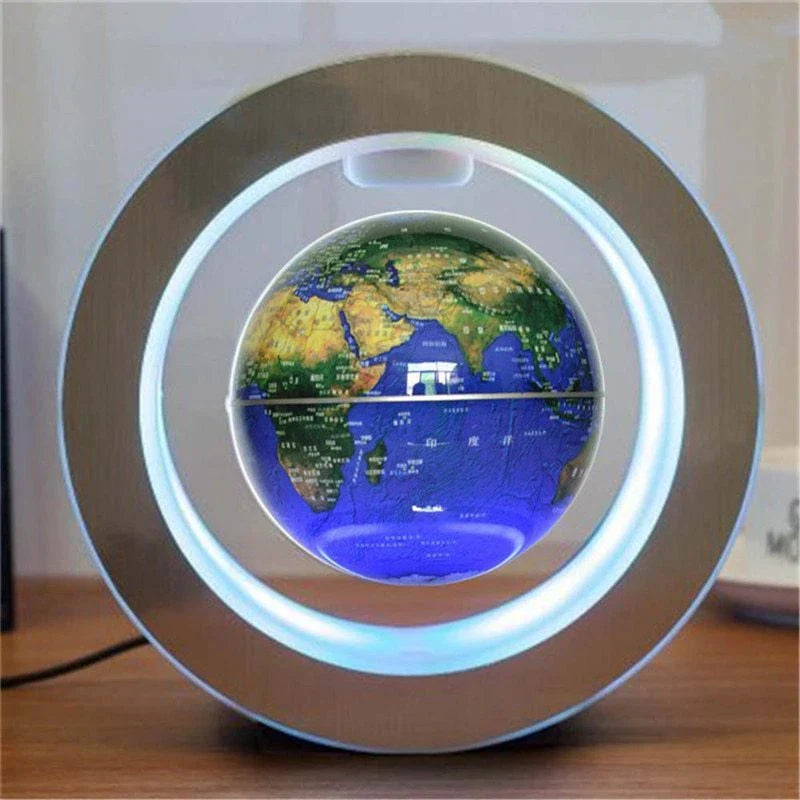 Round LED World Map Floating Globe hovering above base with magnetic levitation