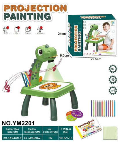 Children's art desk with LED projector, watercolor pens, and music function for creative expression and learning