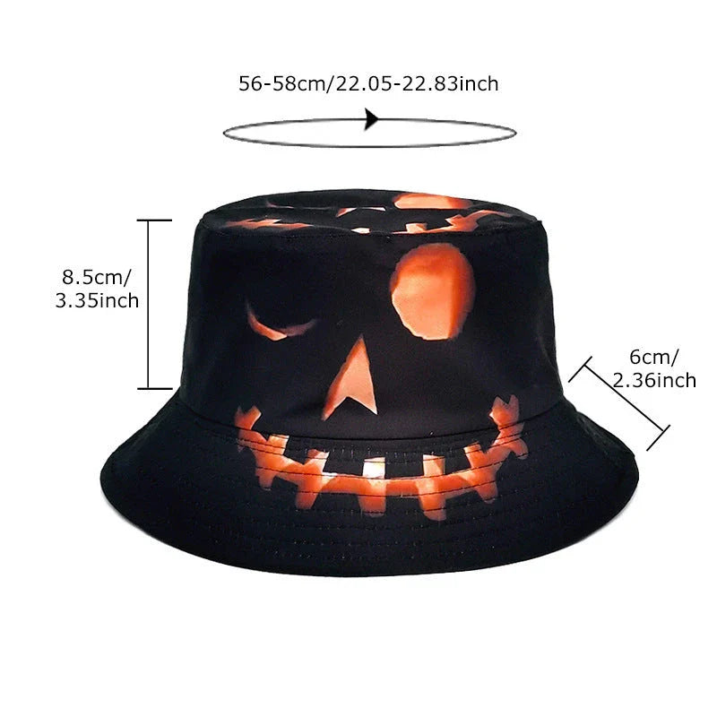 Pumpkin-themed fisherman hat with a flat top design and sun-protective features, perfect for Halloween and autumn activities