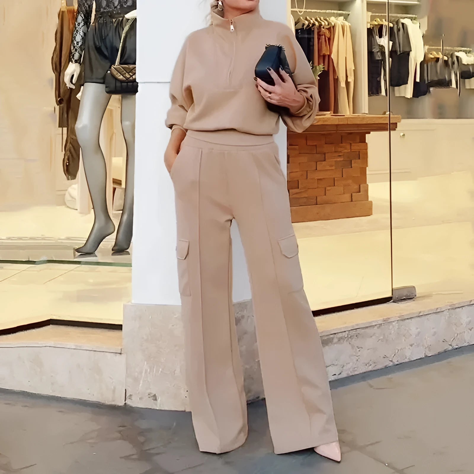 Women's light camel polyester two-piece set with lapel top and wide leg trousers