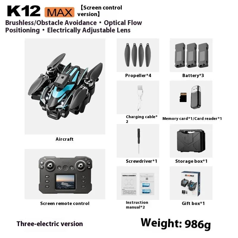 K12MAX brushless folding UAV drone in orange with screen remote control and obstacle avoidance sensors