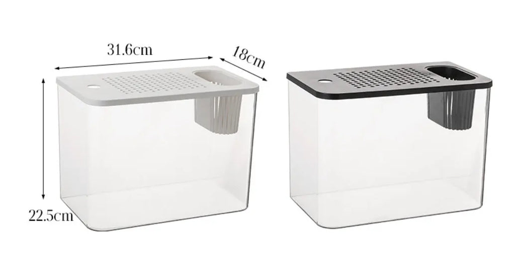 Medium black and white plastic betta fish tanks with lids on a plain background.