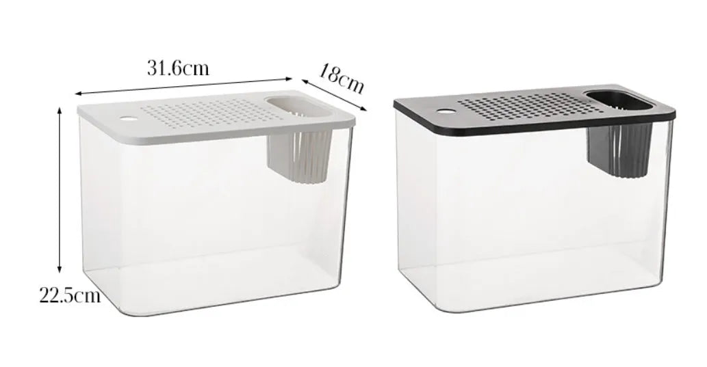 Medium black and white plastic betta fish tanks with lids on a plain background.