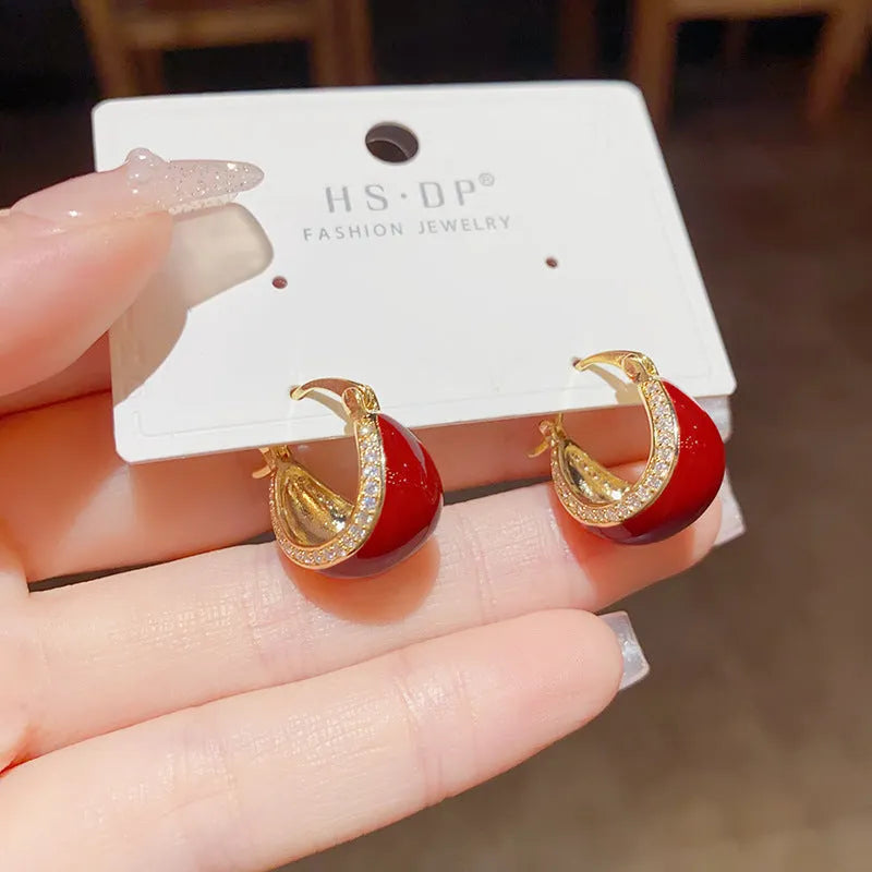 Retro micro-inlaid drip oil ear clip for women copper thick real gold plating geometric shape red colour