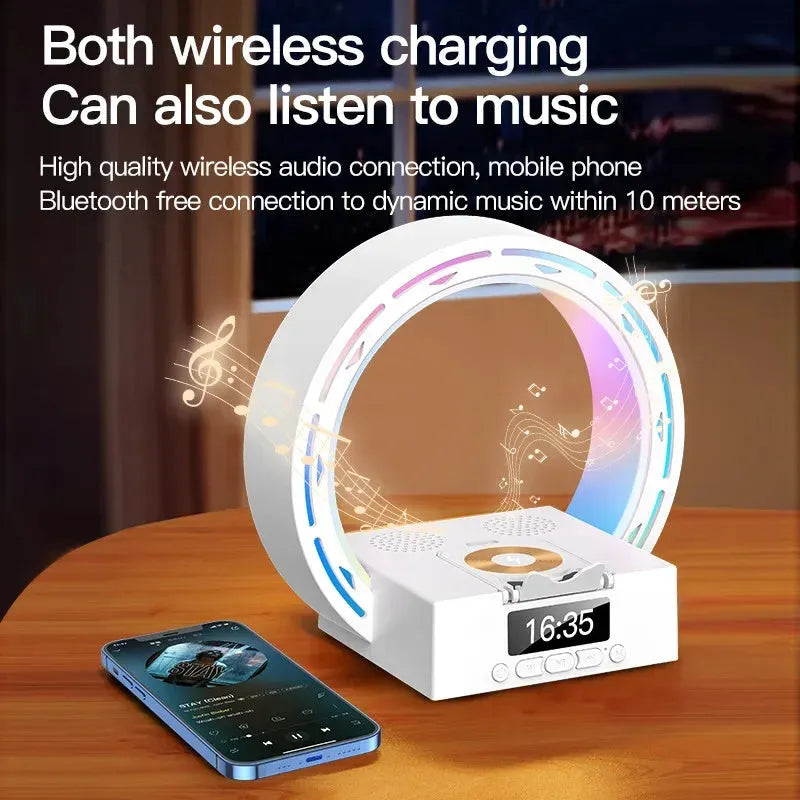 White multifunction bedside unit with wireless charging pad, Bluetooth speaker, digital clock display, and adjustable lighting