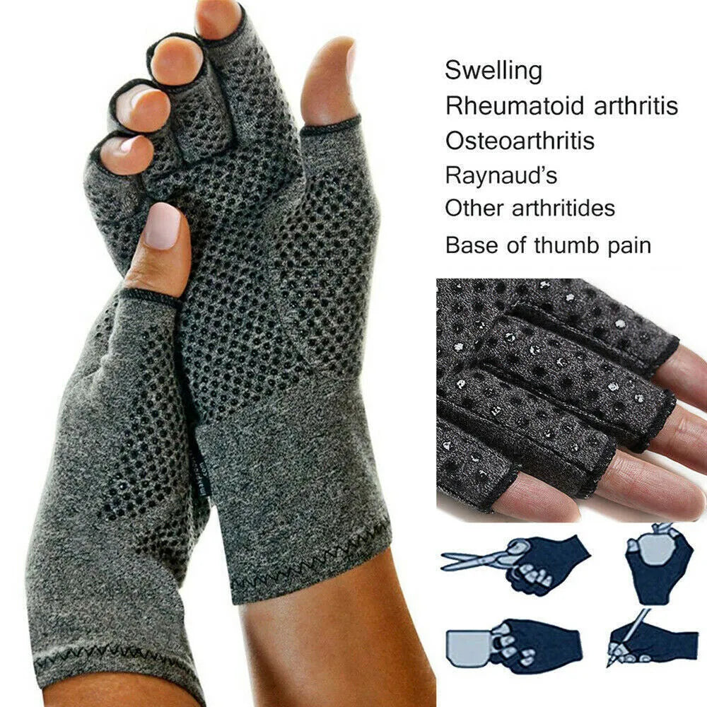 Grey half finger compression gloves with anti-slip palm for arthritis and joint pain relief.