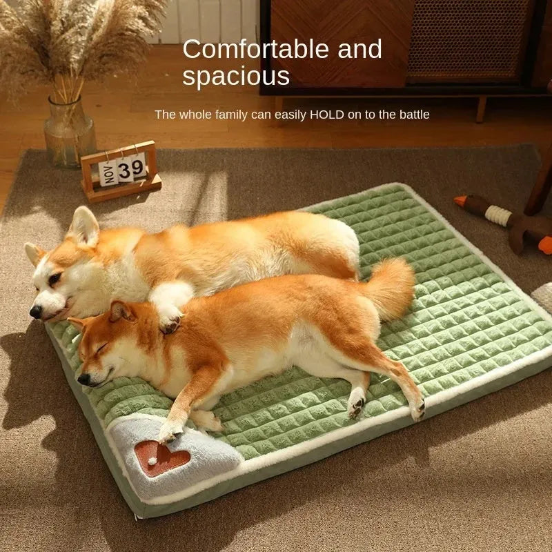 A large grey washable dog mat with a detachable cover, shown with a dog lying on it.