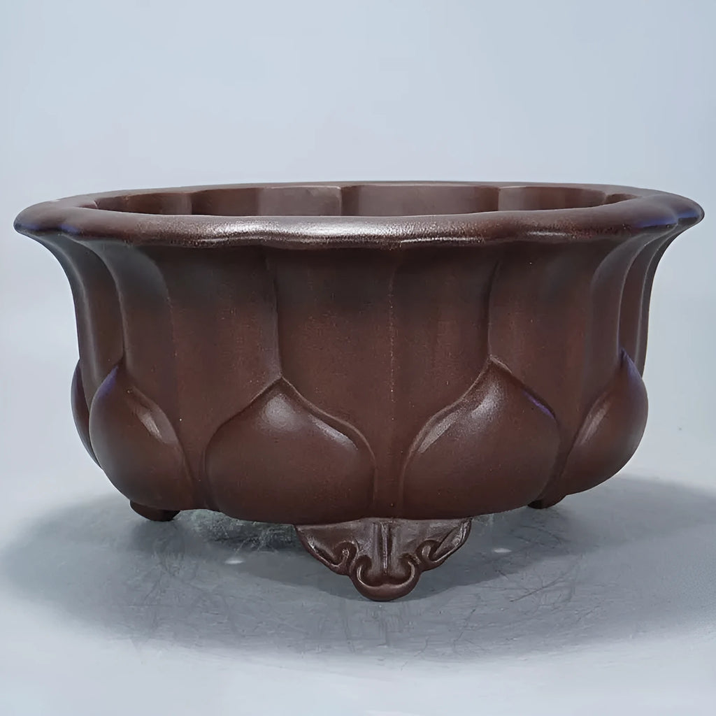 Square purple sand ceramic bonsai planter in antique Chinese petal basin style.
