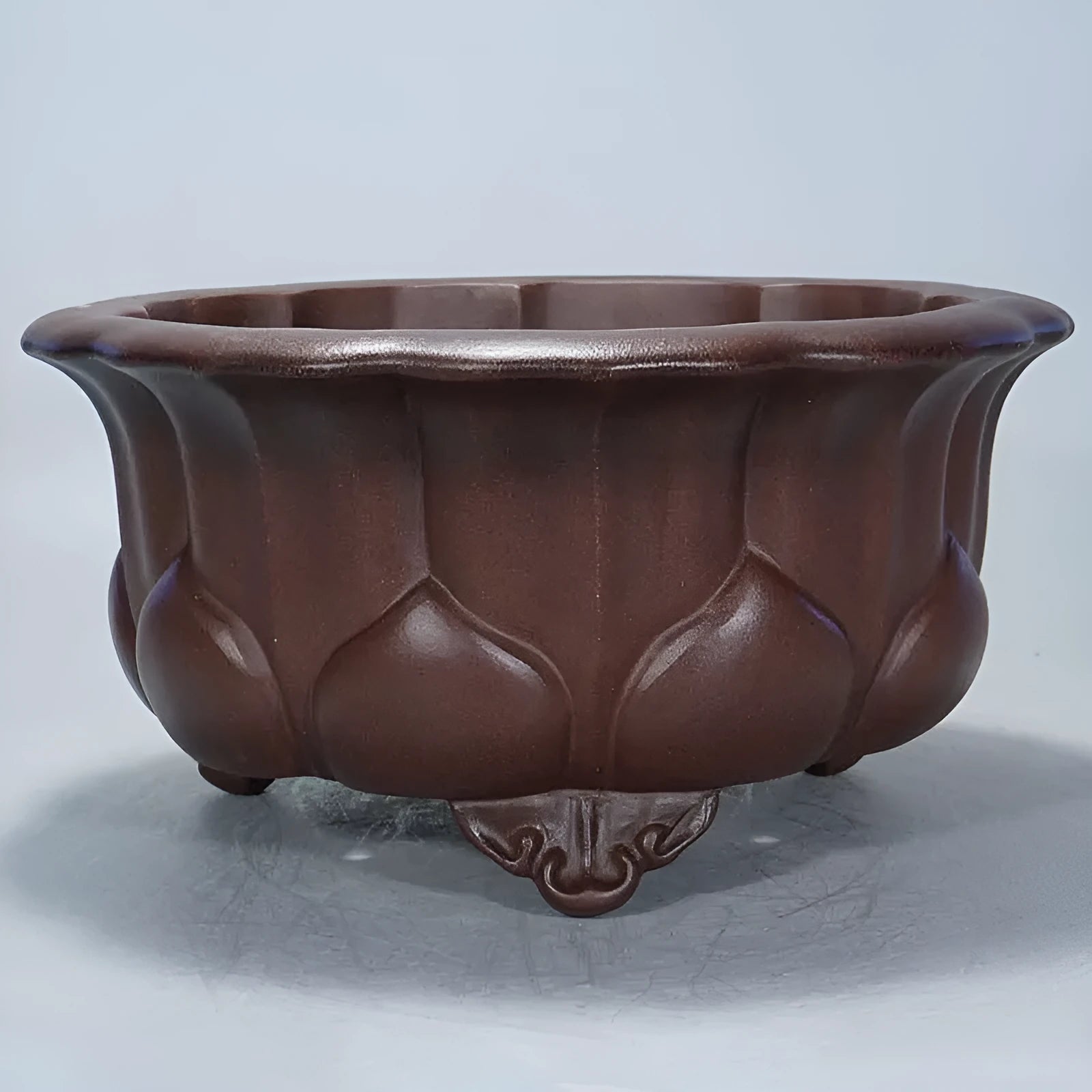Square purple sand ceramic bonsai planter in antique Chinese petal basin style.