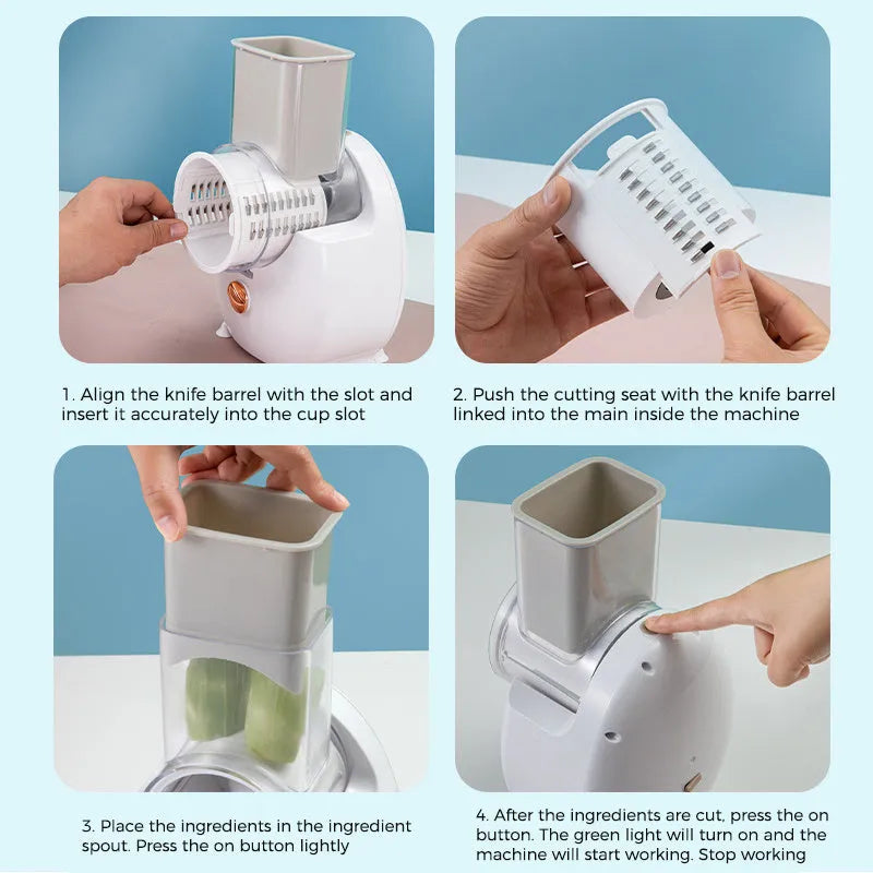 White electric vegetable slicer with rotary grater, feeding port, and three cutting blade pairs on kitchen counter