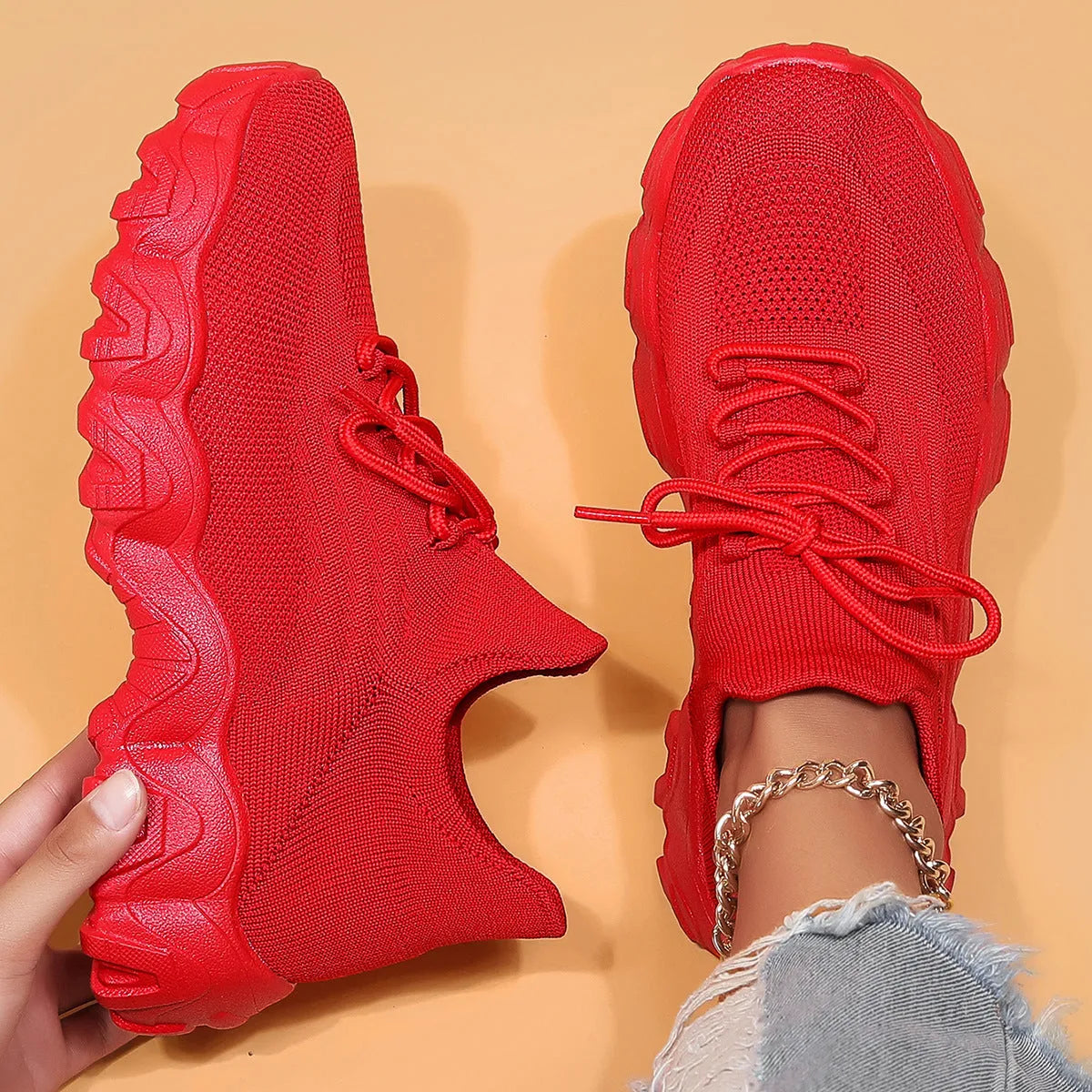 Plus size women's fly-knit sports shoes with platform heel, breathable mesh upper, available in multiple colours