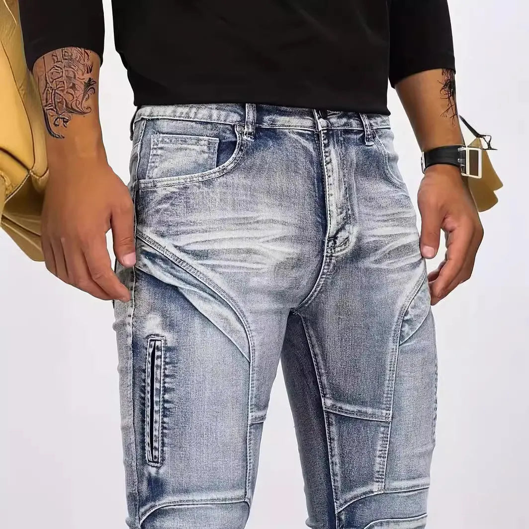 Retro casual stretch motorcycle jeans for men in light blue cotton denim, mid waist skinny fit with zip placket