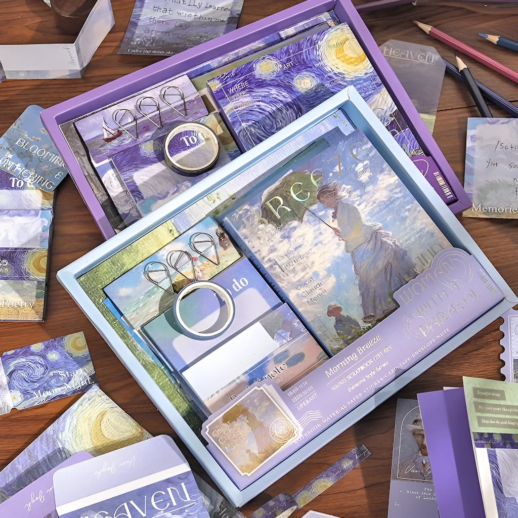 Hand Account Suit creative journal gift box showing A6 grid notebook with bookclothes and paper components including cards, photo frames, and stickers