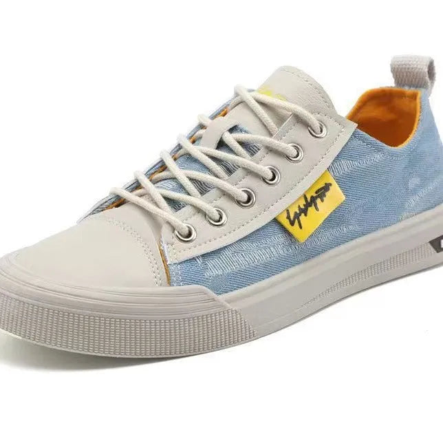 Men's casual canvas lace-up shoes with round toe in black, dark blue, or light blue on a rubber sole.