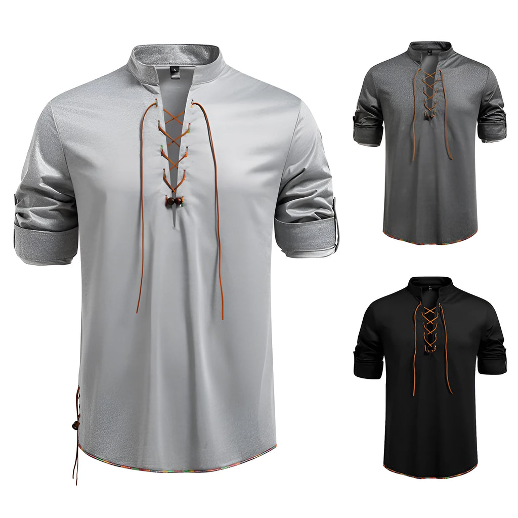 Men's drawstring stand-up collar long sleeve T-shirt in black, slim fit pullover style