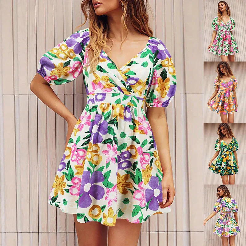 Trendy floral print summer dress with flattering lantern sleeves in vibrant colors