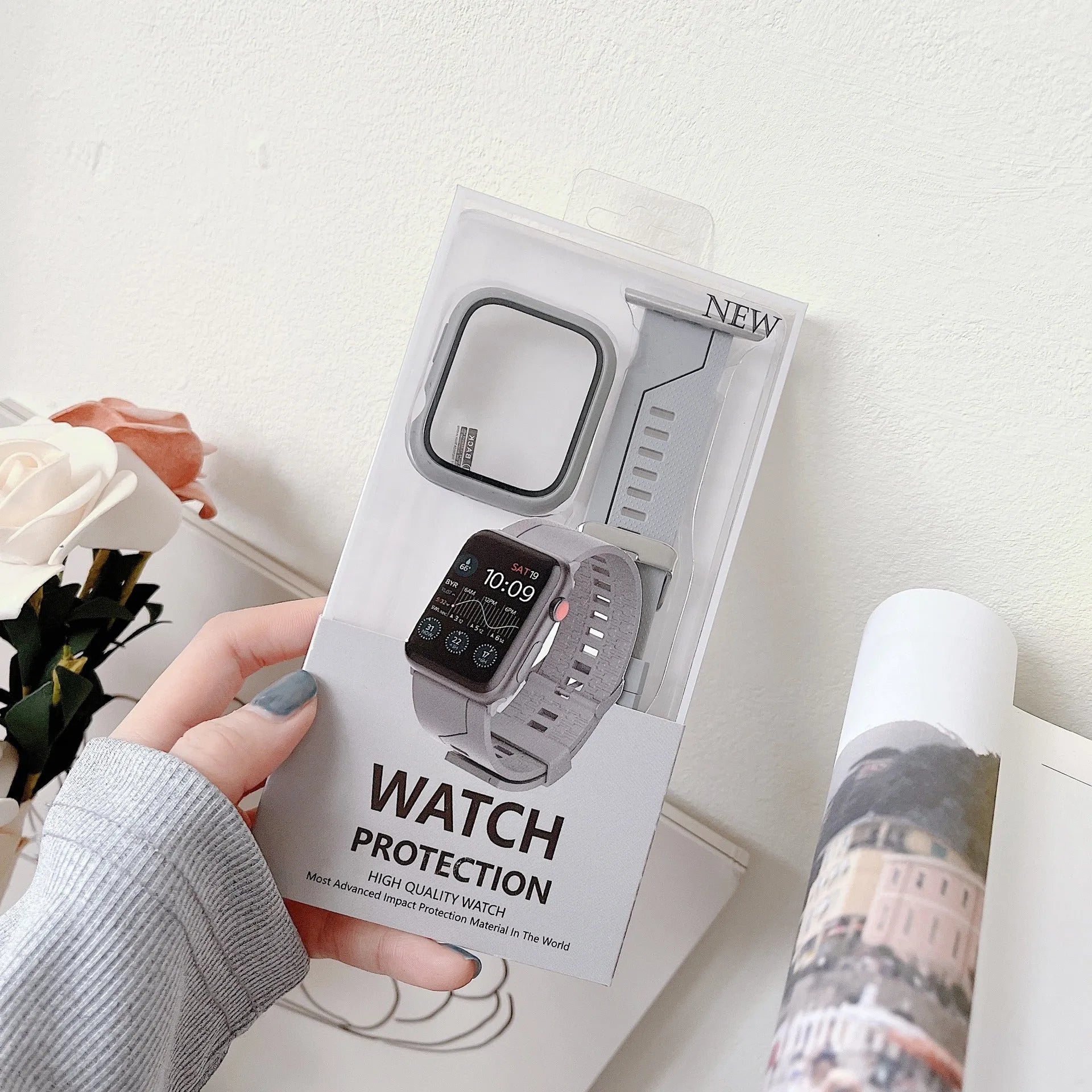 Silicone strap and watch case set in black, white, and blue colours showing flat 22mm interface for iWatch