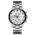 Men's business calendar waterproof quartz watch in rose gold and black on a 10mm thick case.