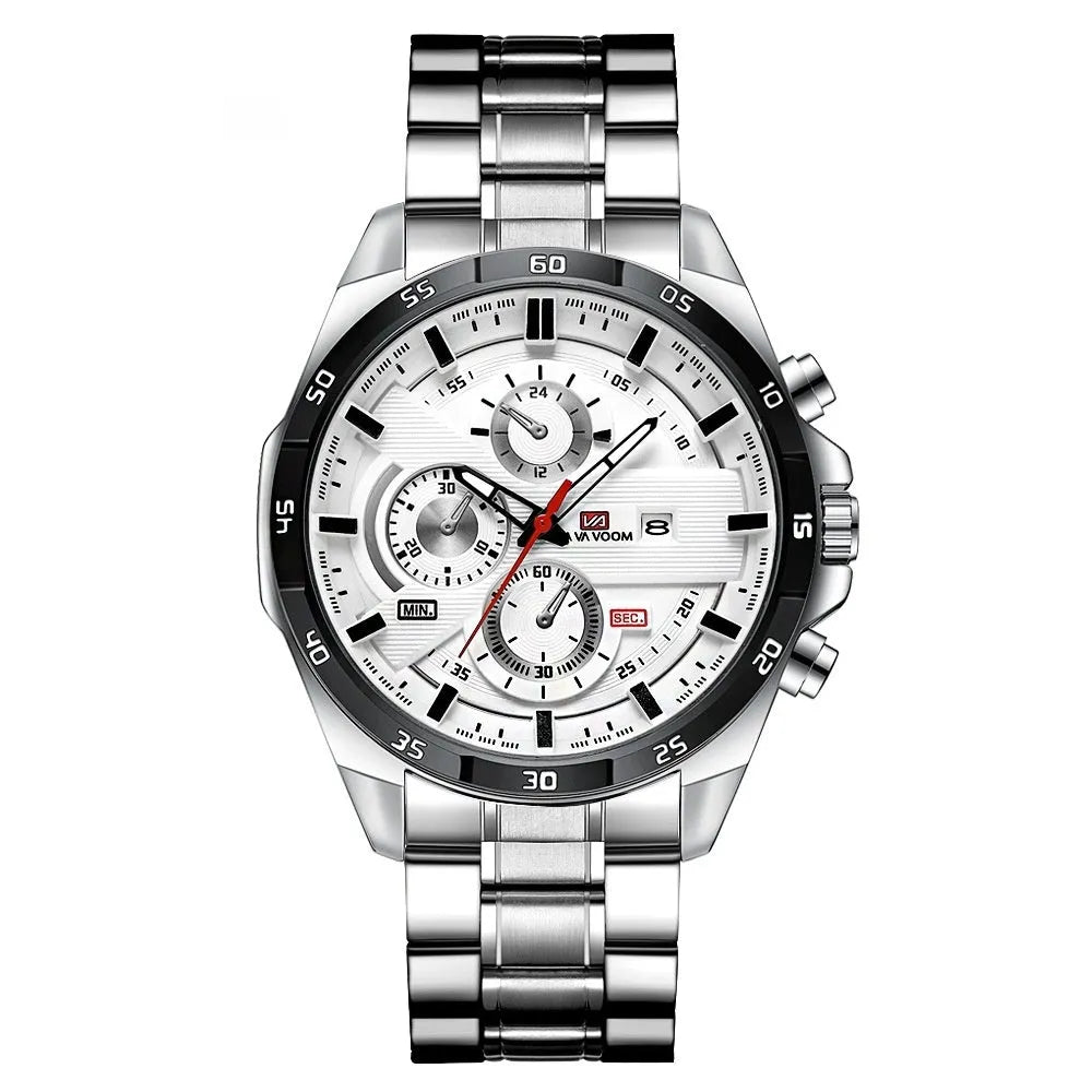 Men's business calendar waterproof quartz watch in rose gold and black on a 10mm thick case.