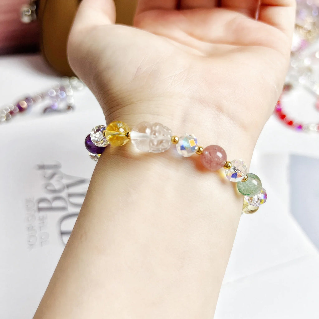 Colourful crystal bracelet with nine-tailed fox and phoenix animal zodiac design on adjustable band