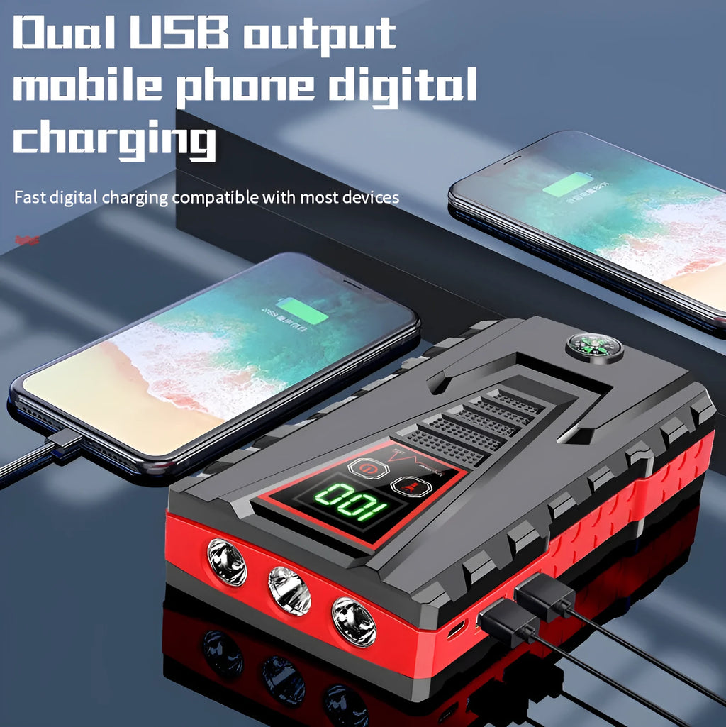 Black emergency car jump starter in toolbox style with battery clamp on side