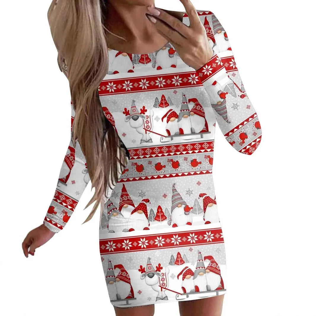Women's Christmas printed dress with animal pattern and floral design in tight-fitting hip skirt style