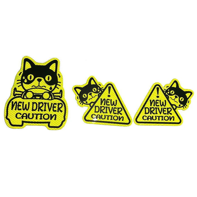 Set of three reflective magnetic car stickers featuring cat, duck, and panda designs on a vehicle window.