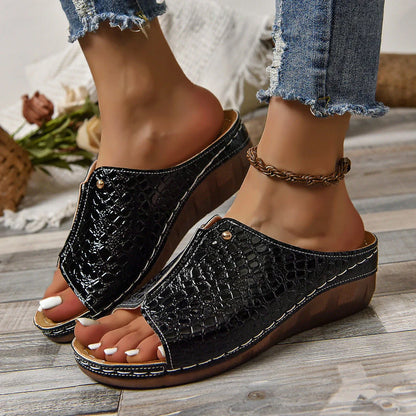 Stylish crocodile-embossed wedge sandals in various colors, featuring a comfortable cloth sole and premium cowhide upper