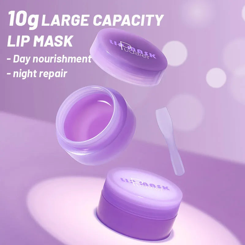 Box containing a 10ml exfoliating lip balm tube and a metal lip scraper tool.